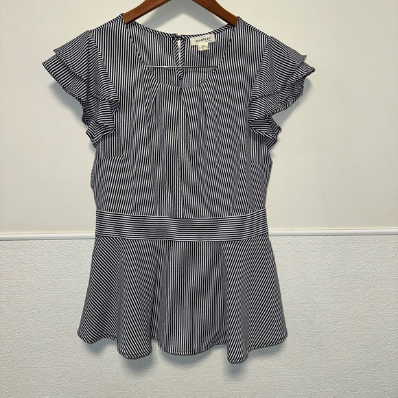 Women's Monteau Los Angeles blouse, Size L, Navy and White Stripes ruffles - Picture 5 of 8